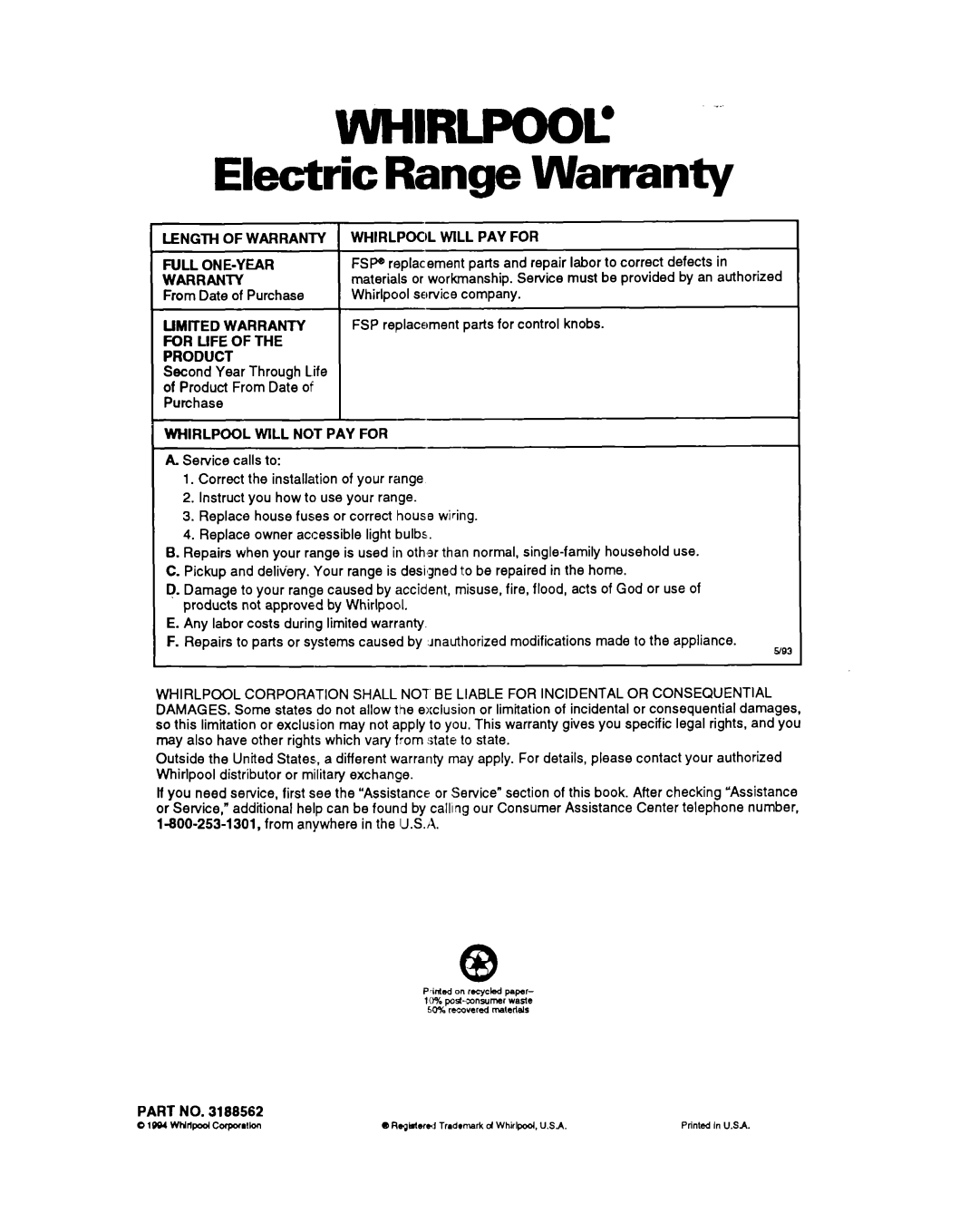 Whirlpool RS600BXB manual Electric Range Warranty, Whirlpool’ -‘ 