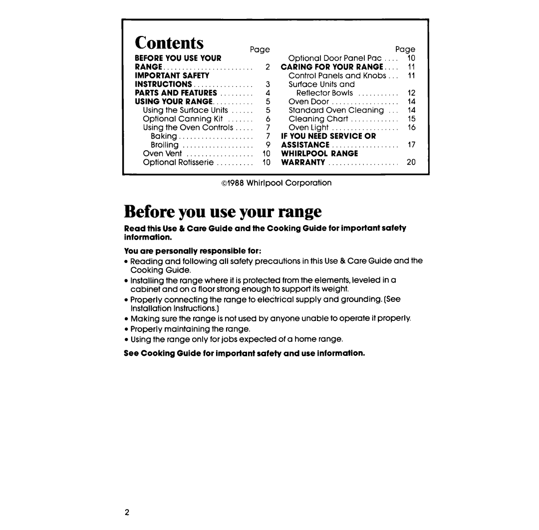 Whirlpool RS600BXV manual Contents, Before you use your range 