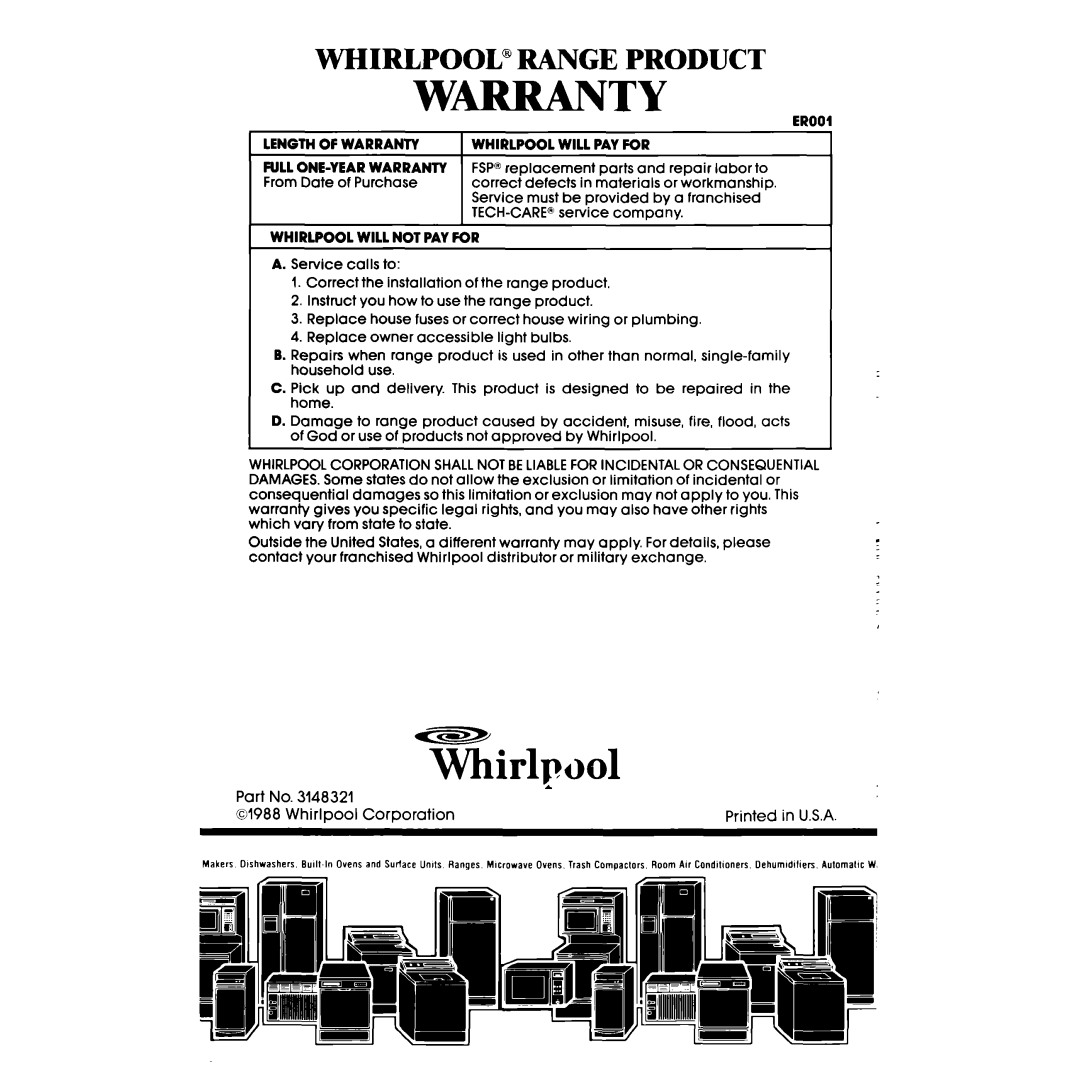 Whirlpool RS600BXV manual W-Ty, Whirlpml, Whirlpool” Range Product 