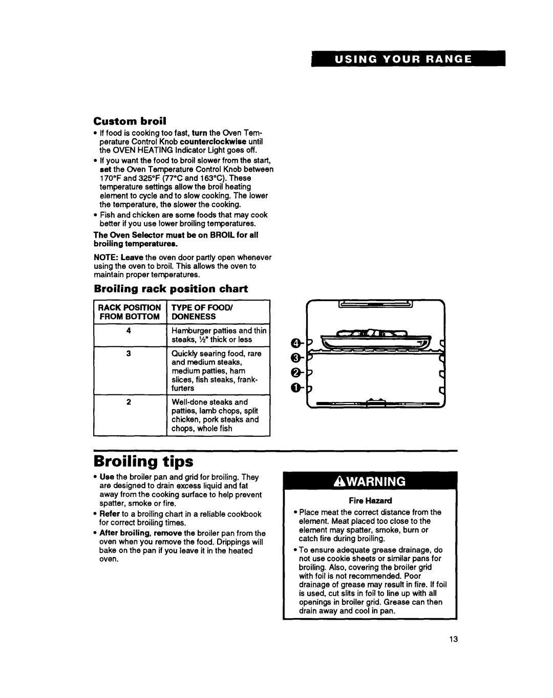 Whirlpool Range, RS600BXY, 336 important safety instructions Broiling Tips, Custom broil, Broiling rack position chart 