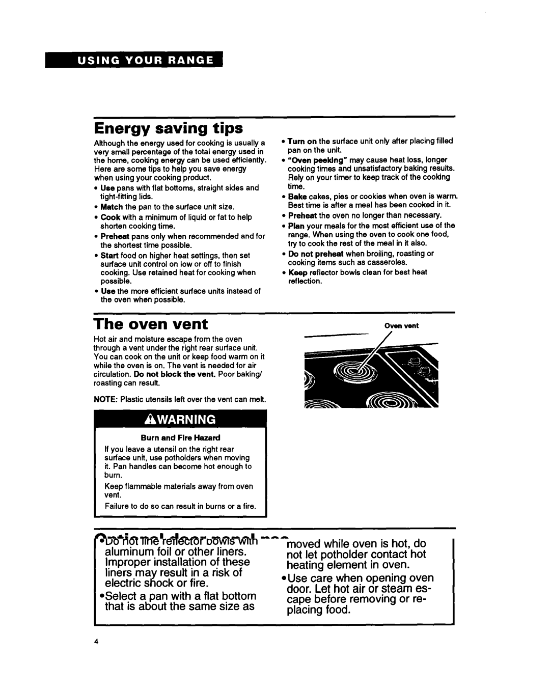 Whirlpool 336, RS600BXY, Range important safety instructions Energy saving tips, Oven vent, Optional door panel pat 