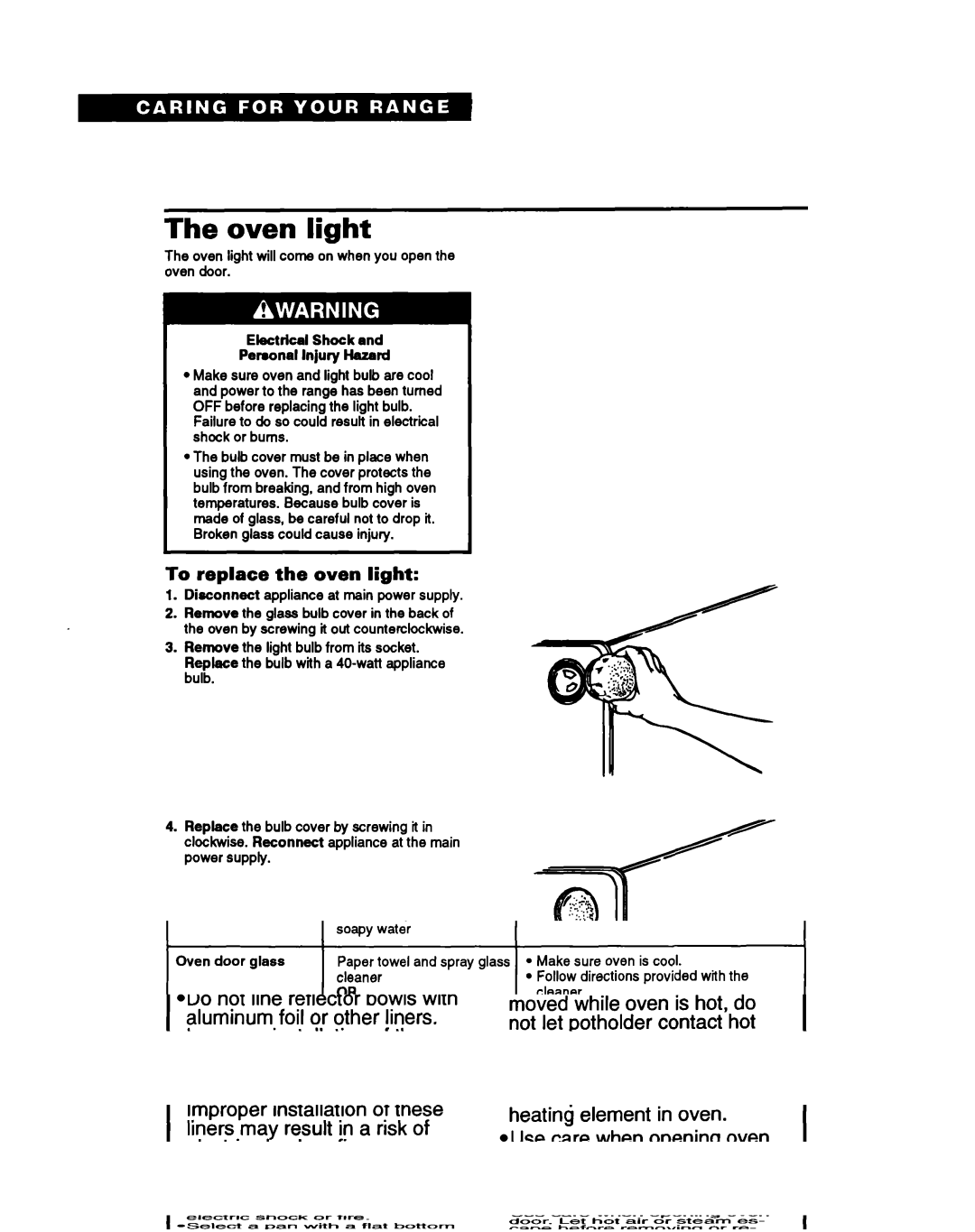 Whirlpool 336, RS600BXY, Range important safety instructions Oven light, To replace the oven light 