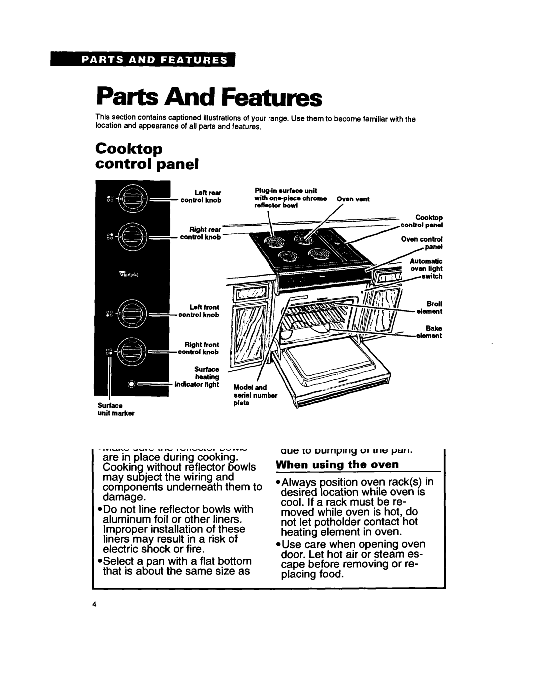 Whirlpool RS600BXY, Range, 336 important safety instructions Parts And Features, Oven control, Sutfaco 