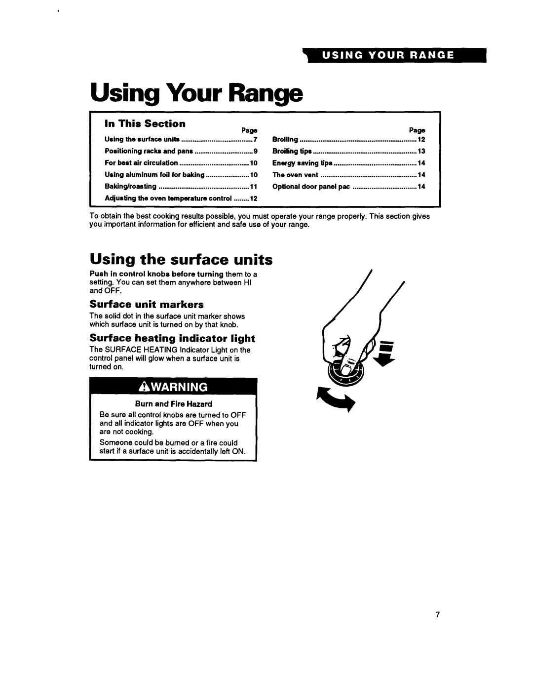 Whirlpool Range Using Your, Using the surface units, This Section, Surface unit markers, Surface heating indicator light 