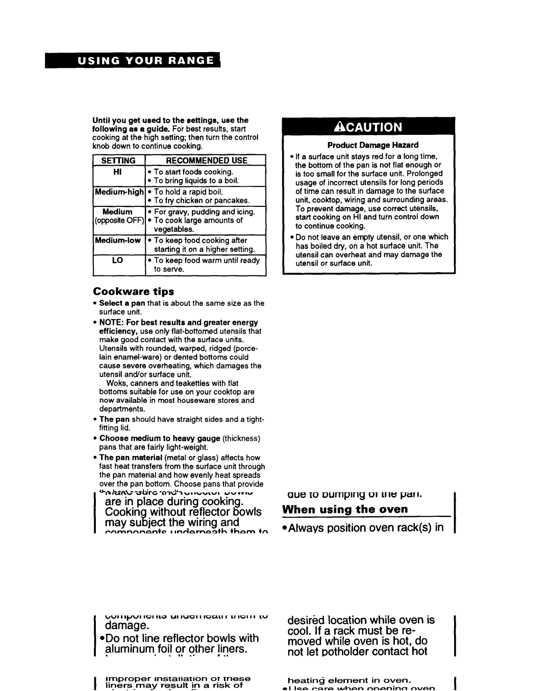 Whirlpool 336, RS600BXY, Range important safety instructions Cookware tips 