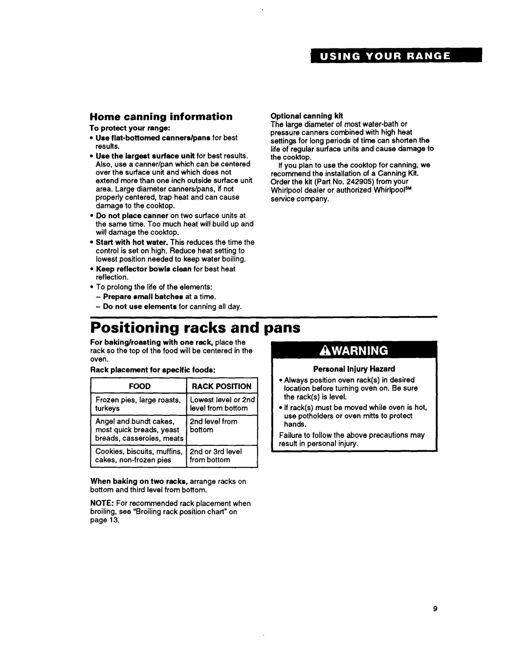 Whirlpool RS600BXY, Range, 336 important safety instructions Positioning racks, Pans, Home canning information, Food 