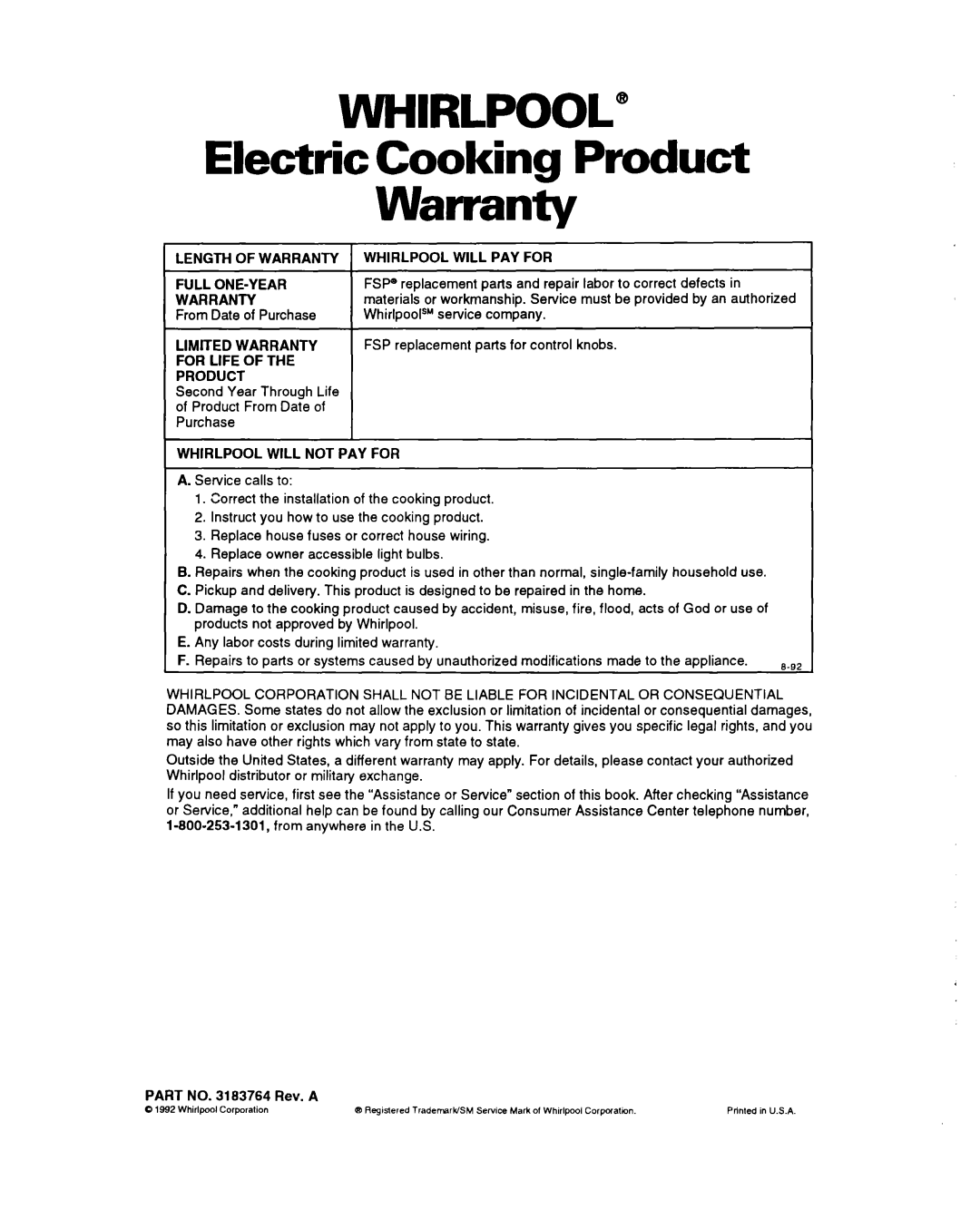 Whirlpool RS600BXY, Range, 336 important safety instructions WHIRLPOOL” Electric Cooking Product Warranty 