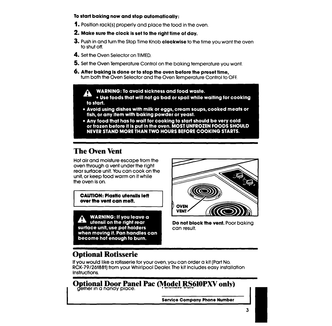 Whirlpool RS6100XV, RS610PXV manual Oven Vent, Optional Rotisserie, Optional Door Panel Pat Model RS61OPXVonly 