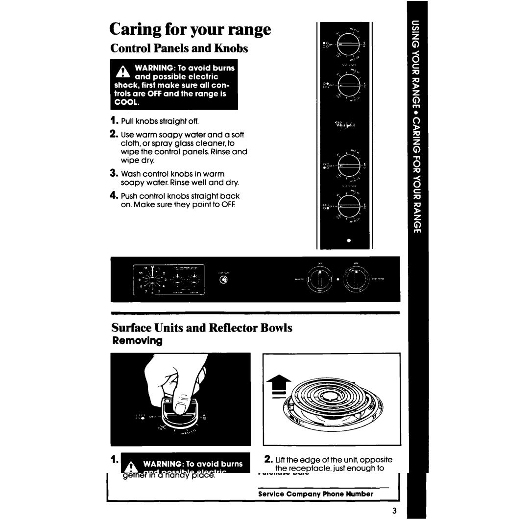 Whirlpool RS610PXV, RS6100XV Caring for your range, Control Panels and Knobs, Surface Units and Reflector Bowls, Removing 