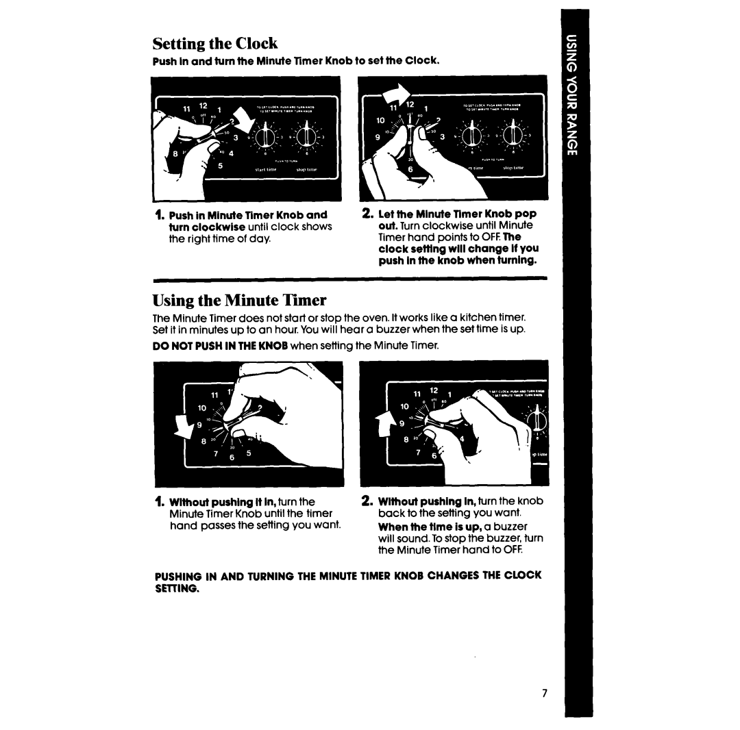 Whirlpool RS610PXV manual Setting the Clock, Using the Minute Timer, Push In and turn the Minute mmer Knob to set the Clock 