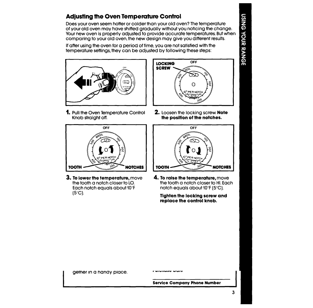 Whirlpool RS610PXV, RS6100XV Adjusting the Oven Temperature Contml, Tighten the locking screw and replace the control knob 