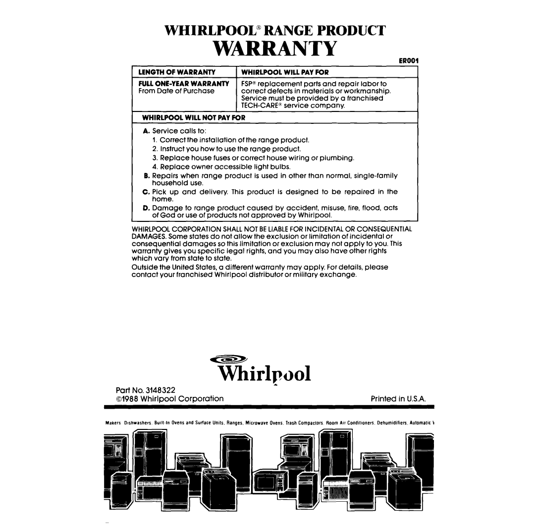 Whirlpool RS6100XV, RS610PXV manual Whirlpool” Range Product, W-Ty, Whirlpd 