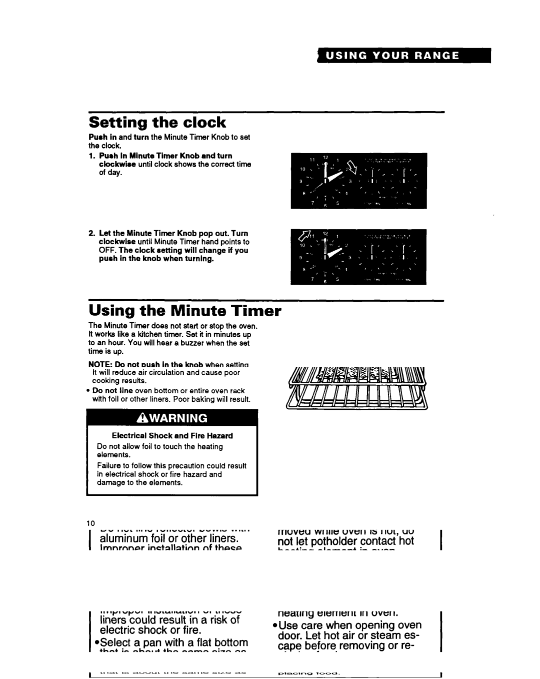 Whirlpool RS6105XB warranty Setting the clock, Using the Minute Timer 