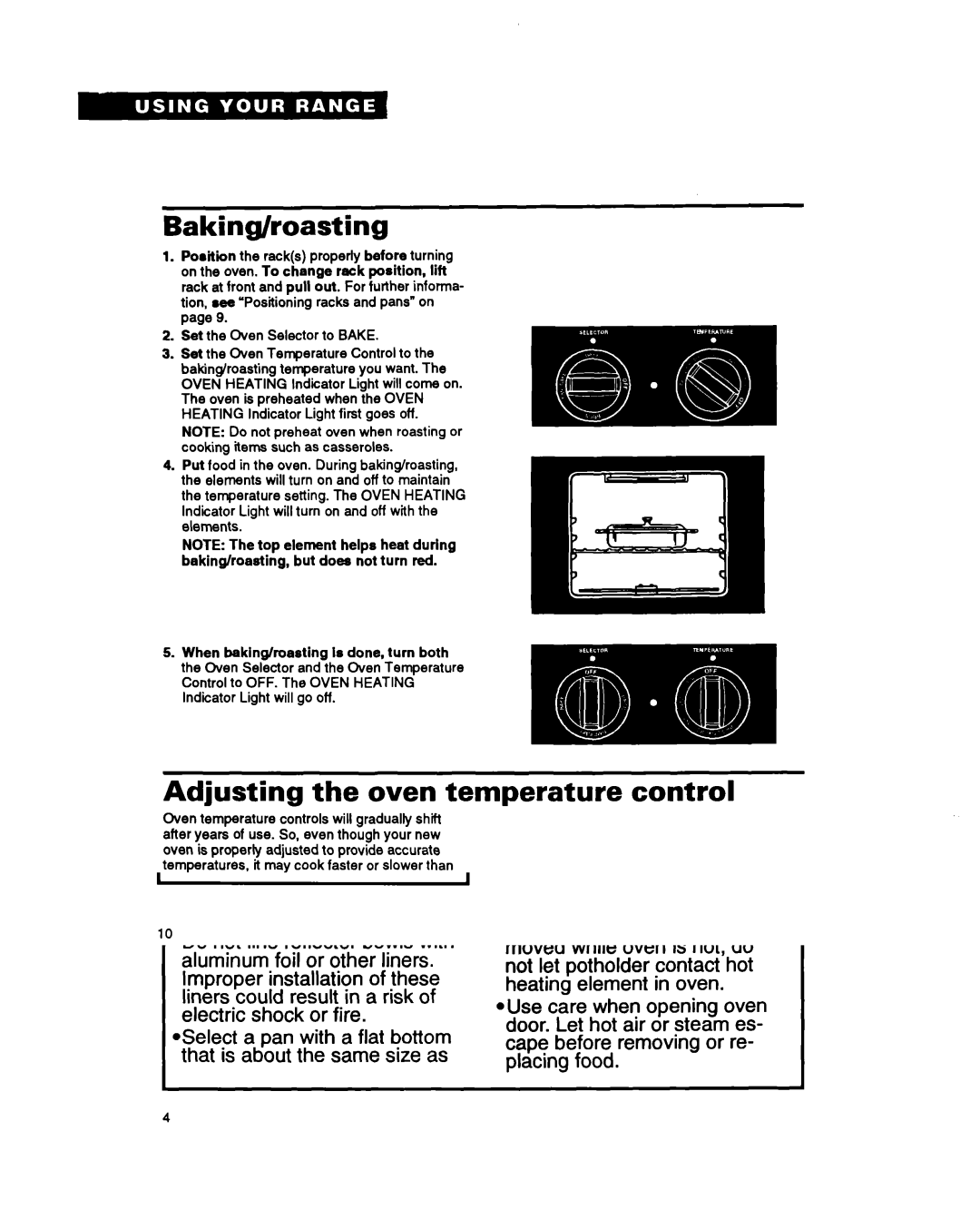 Whirlpool RS6105XB warranty Baking/roasting, Adjusting the oven temperature control 