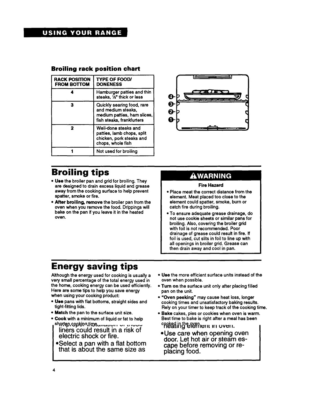 Whirlpool RS6105XB warranty Broiling tips, Energy saving tips, Broiling rack position chart, Rack Position Type of Food 