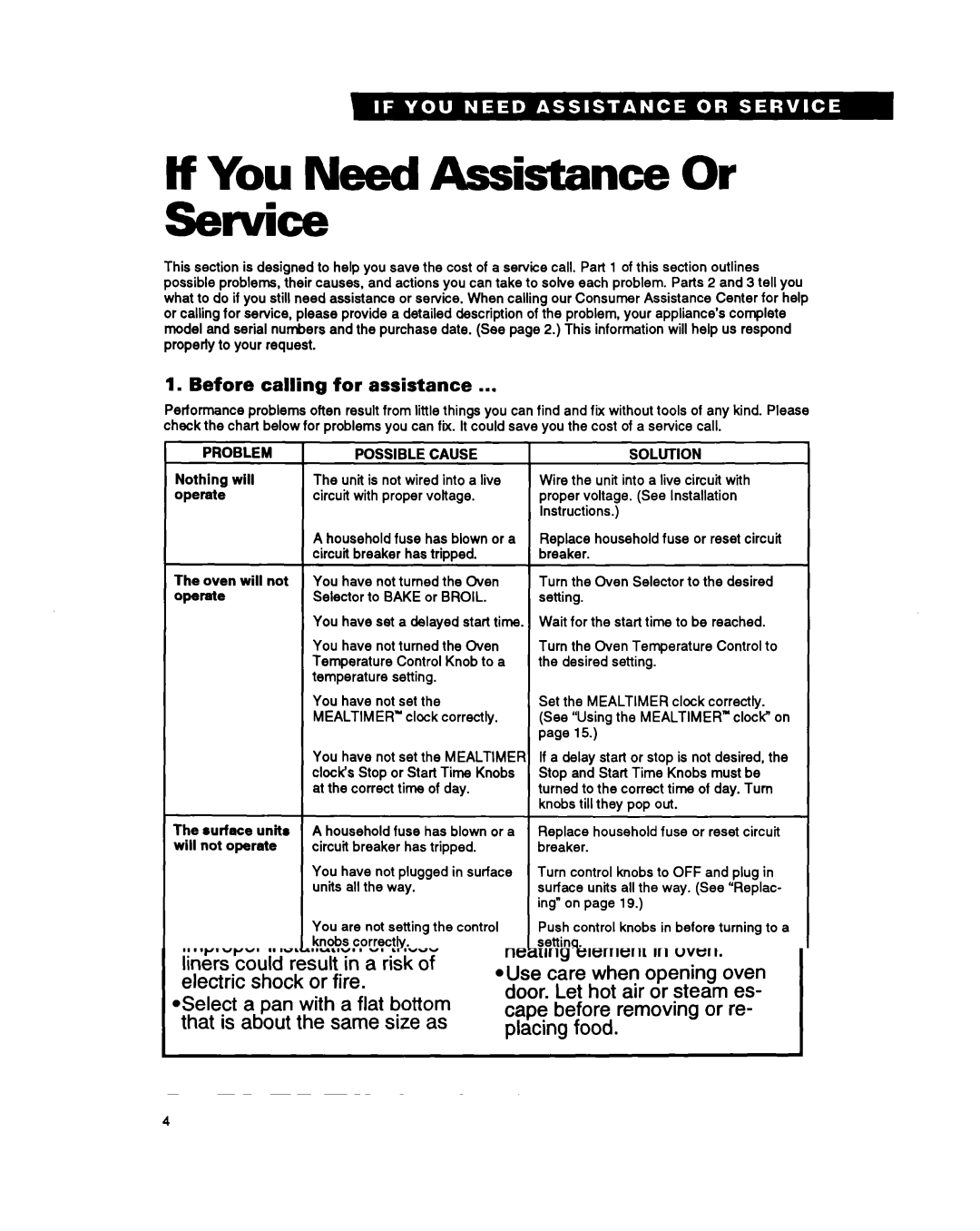 Whirlpool RS6105XB If You Need Assistance Or, Before calling for assistance, Problem Possible Cause, Bake, Solution 