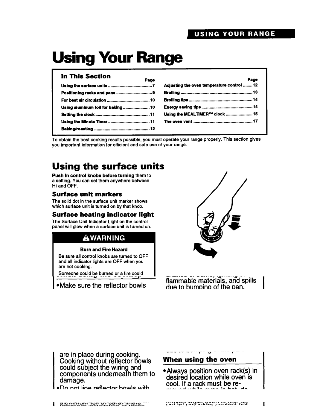 Whirlpool RS6105XB warranty Using Your, Using the surface units, This Section, Surface unit markers 