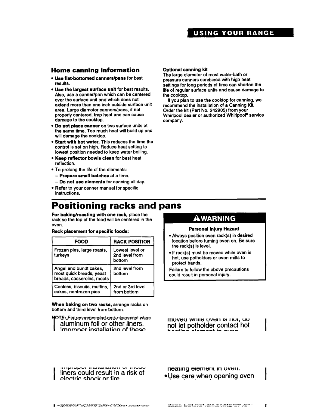 Whirlpool RS6105XB warranty Positioning racks, Pans, Home canning information, Food 