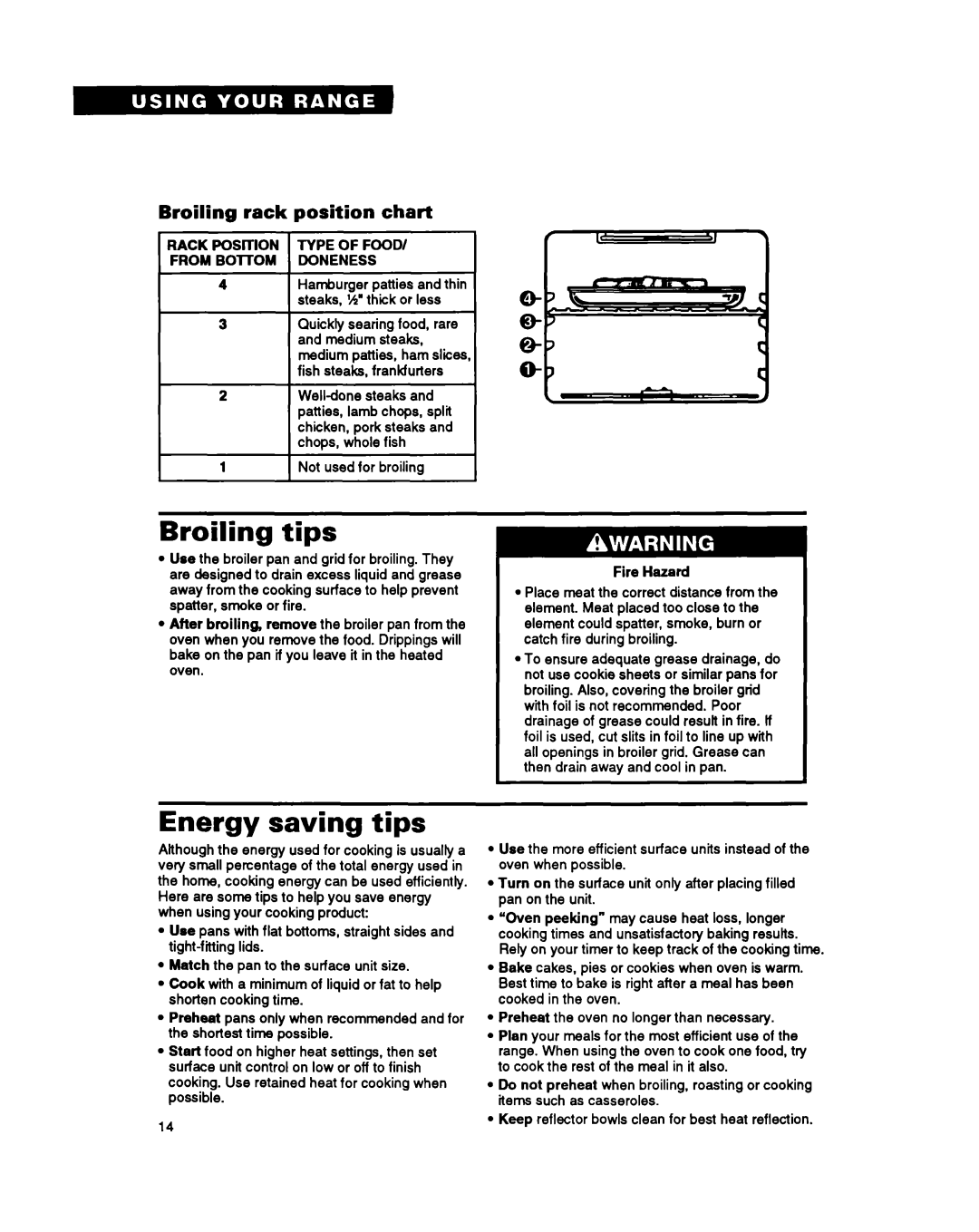 Whirlpool RS6105XB warranty Broiling tips, Energy saving tips, Broiling rack position chart 
