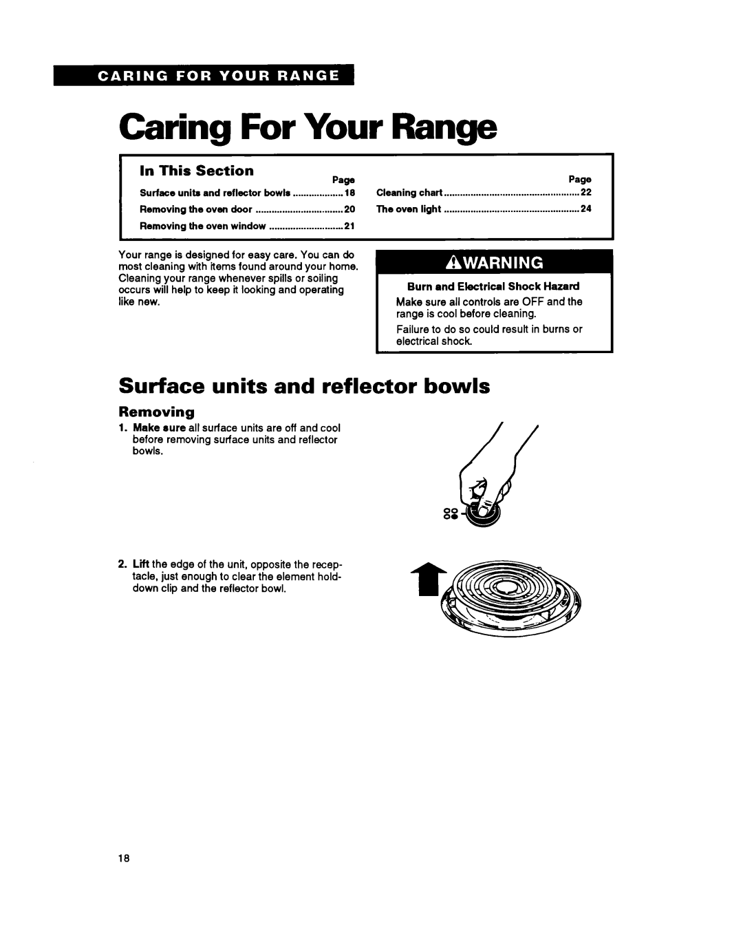 Whirlpool RS6105XB warranty Caring For Your Range, Surface units and reflector bowls, IIn This Section PawPage, Removing 