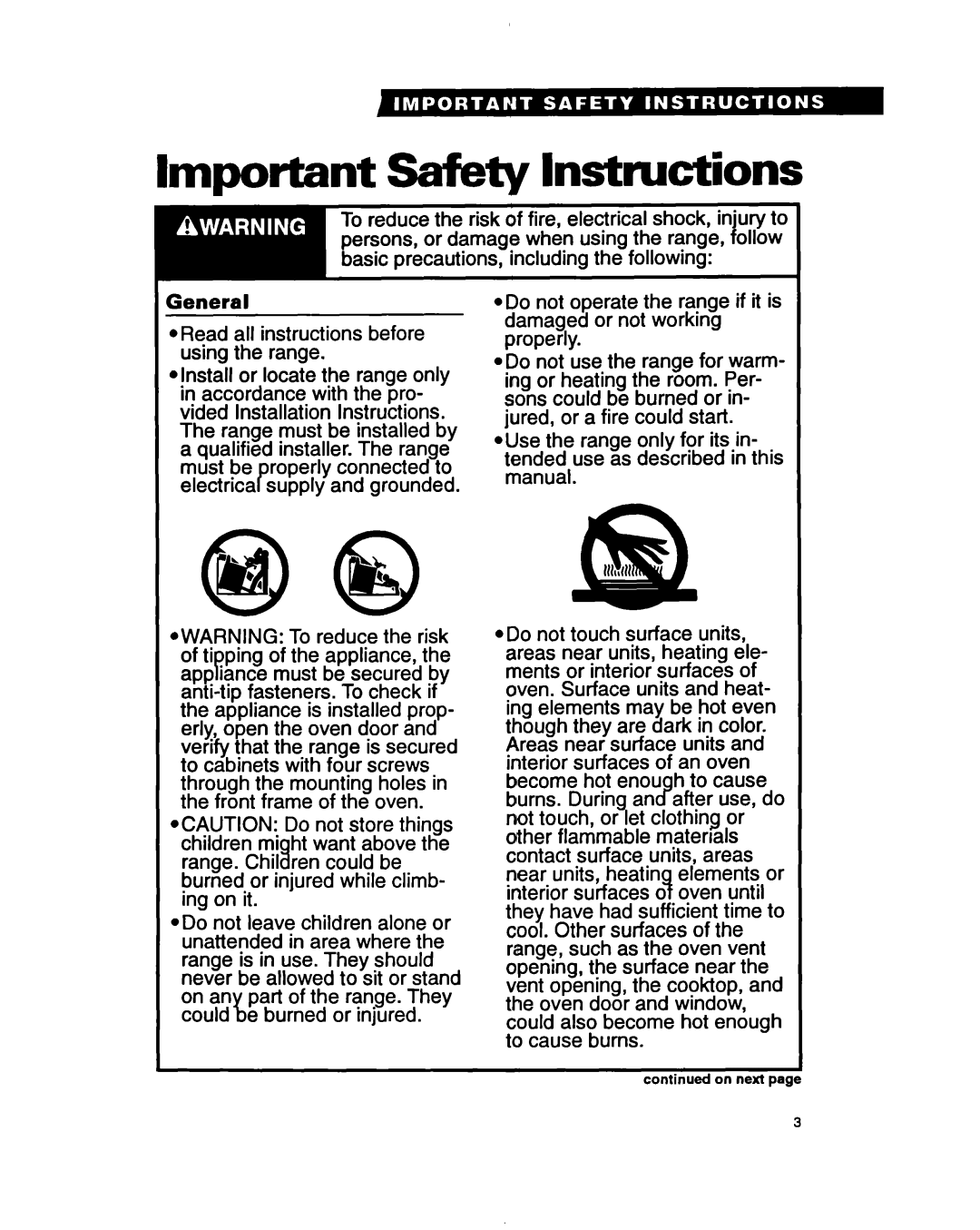 Whirlpool RS6105XB warranty Important Safety Instructions, General 