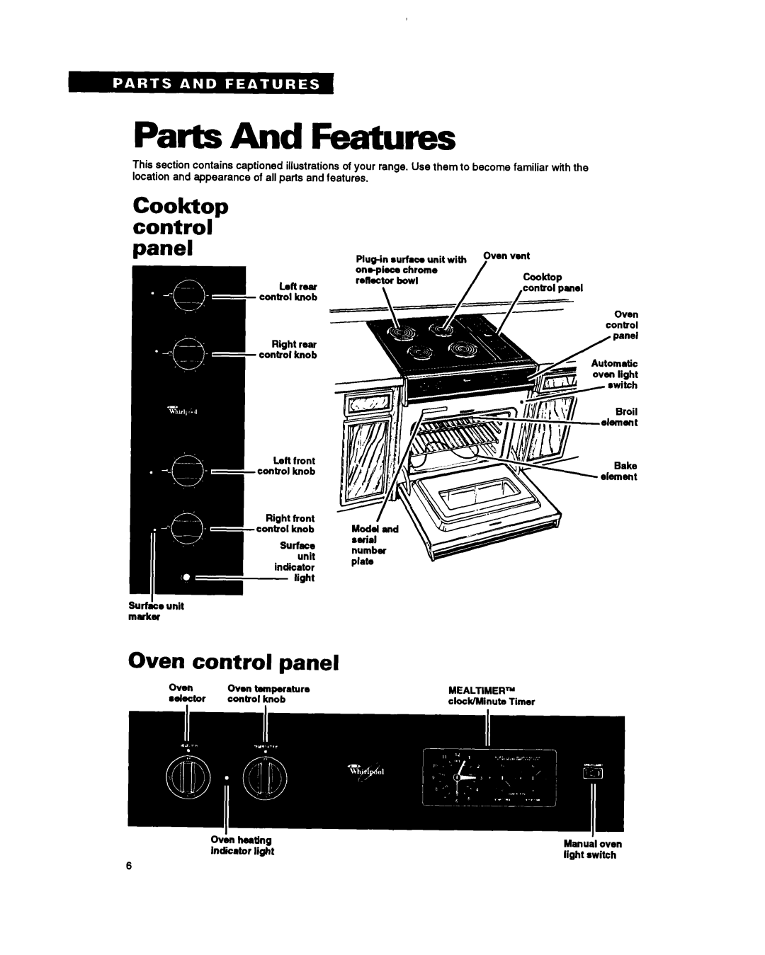 Whirlpool RS6105XB warranty Parts And Features, Oven control, oven Oven, cooktop control panel 