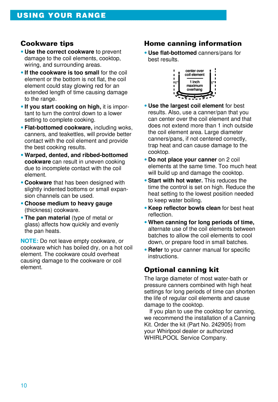 Whirlpool RS610PXE warranty Cookware tips, Home canning information, Optional canning kit 