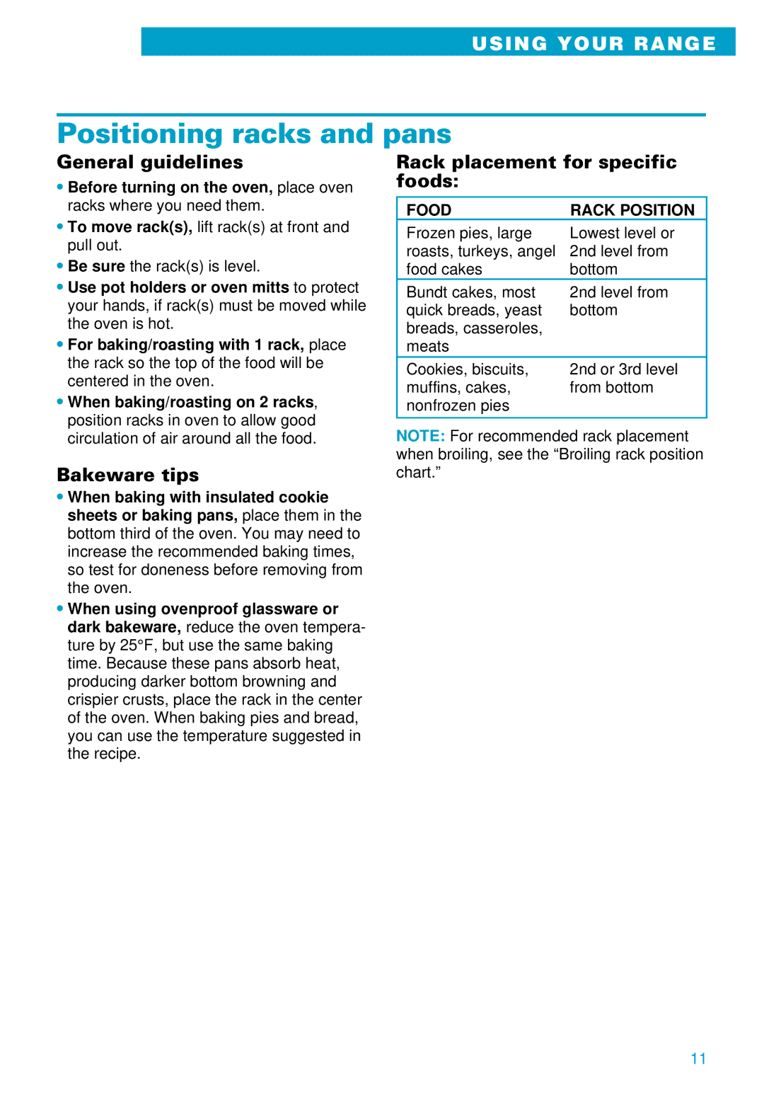 Whirlpool RS610PXE Positioning racks and pans, General guidelines, Bakeware tips, Rack placement for specific foods 