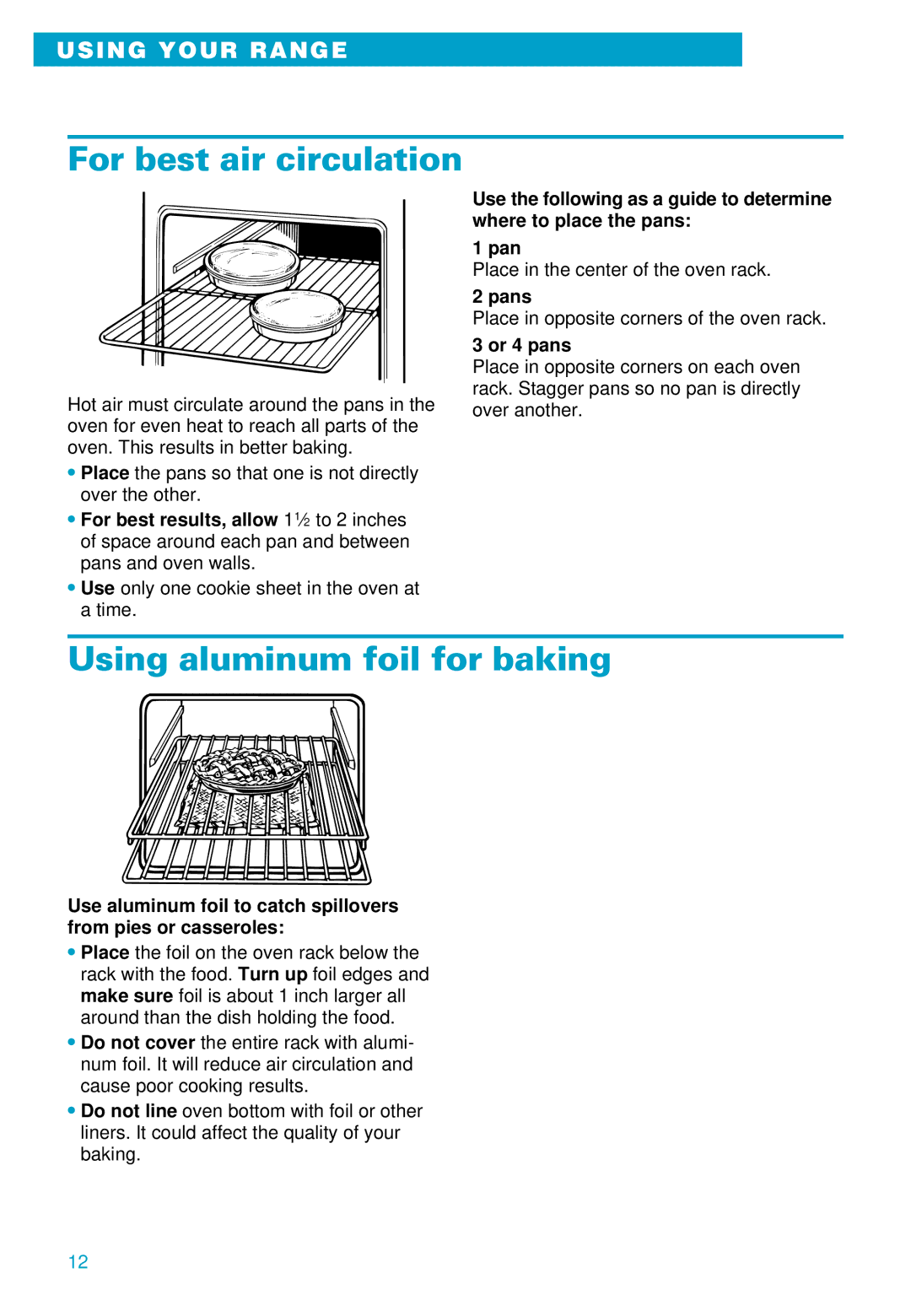 Whirlpool RS610PXE warranty For best air circulation, Using aluminum foil for baking, Pans, Or 4 pans 