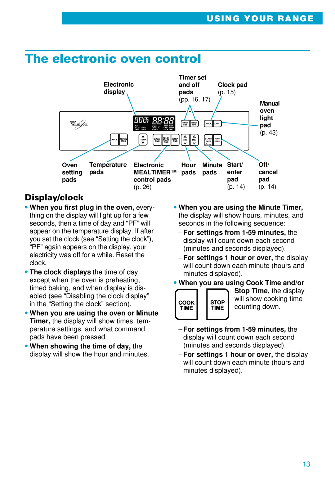 Whirlpool RS610PXE warranty Electronic oven control, Display/clock, Will show cooking time, Counting down 