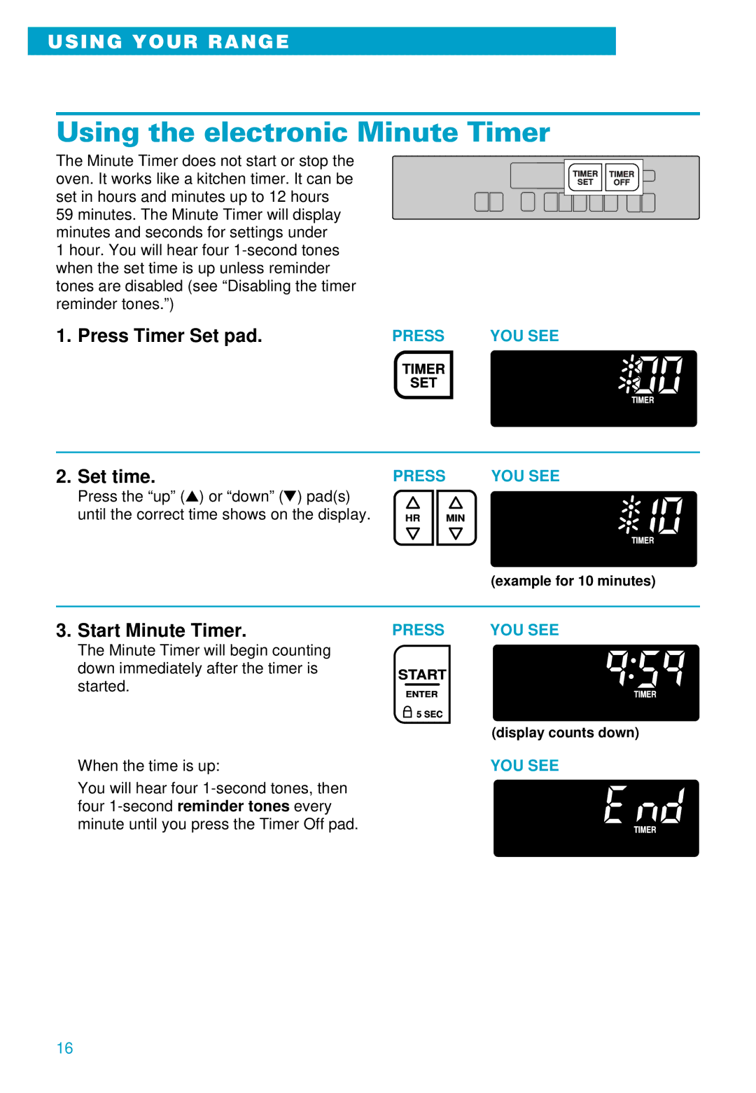 Whirlpool RS610PXE warranty Using the electronic Minute Timer, Start Minute Timer 