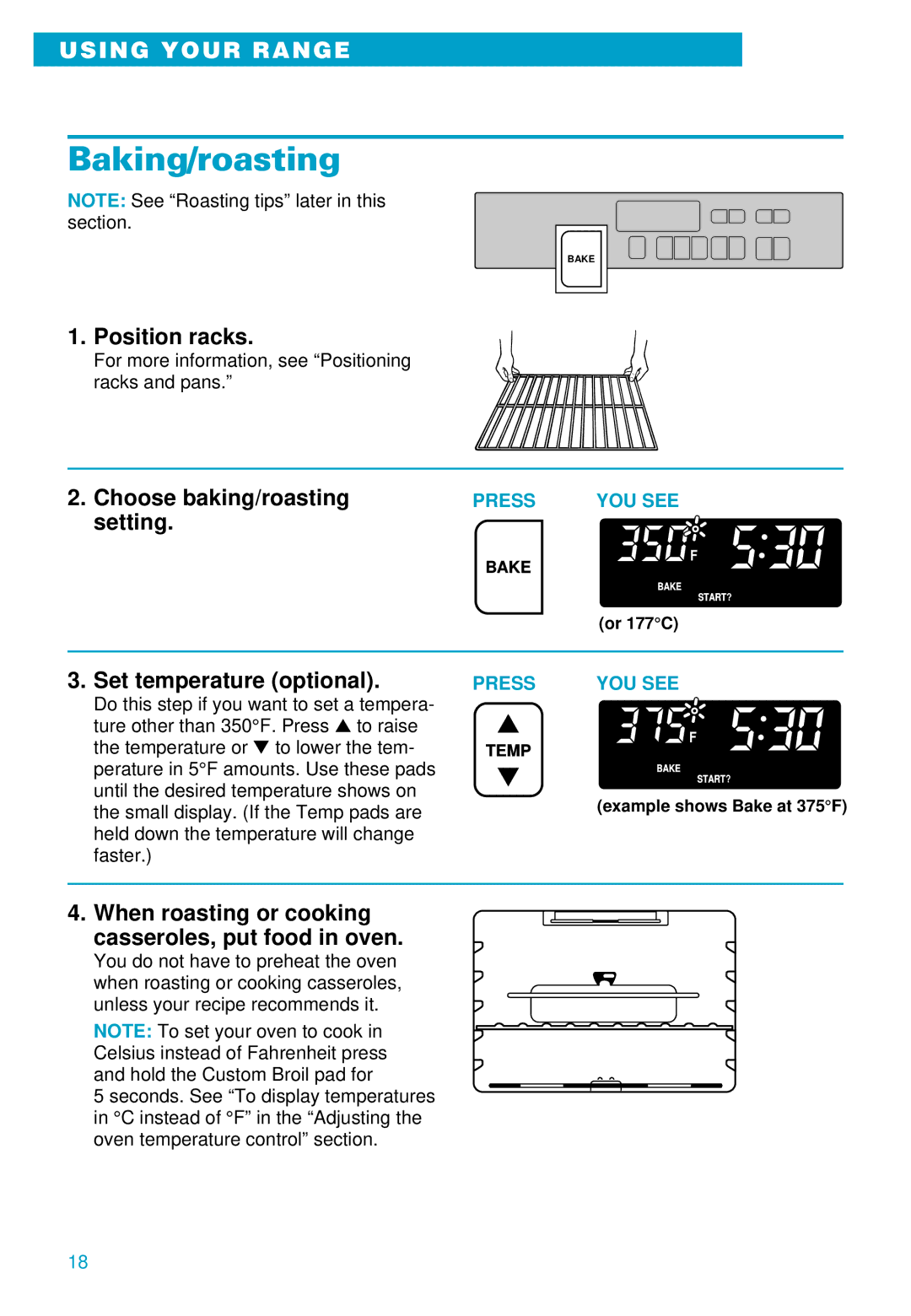 Whirlpool RS610PXE warranty Baking/roasting, Position racks, Choose baking/roasting setting, Set temperature optional 