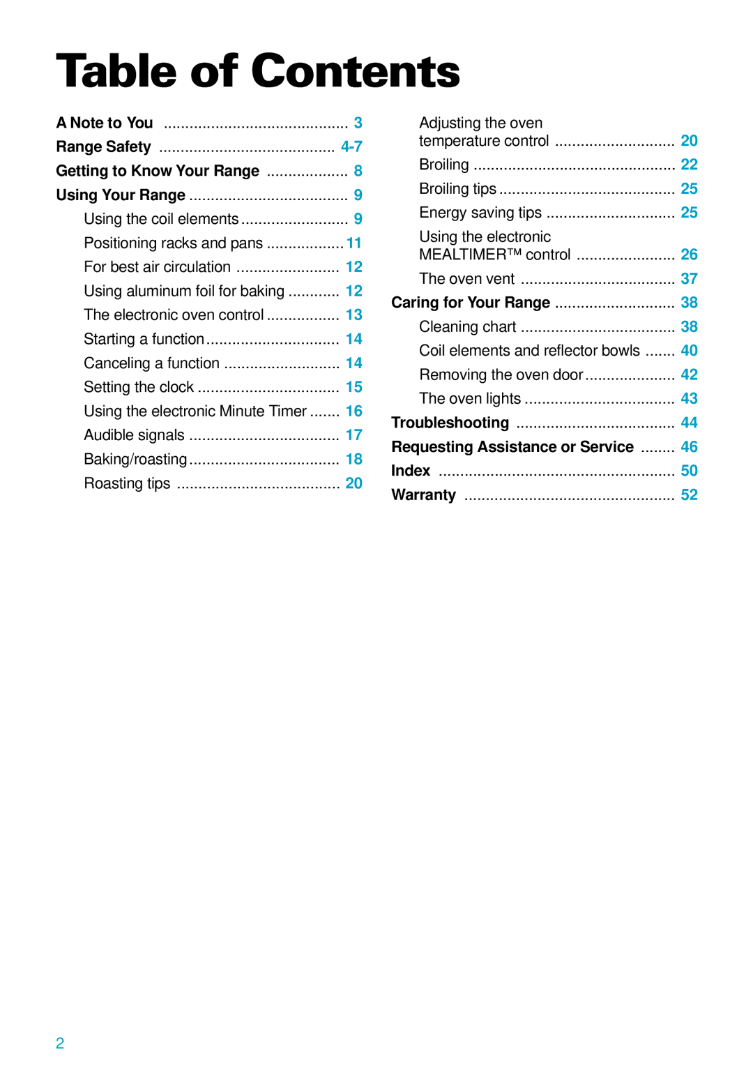 Whirlpool RS610PXE warranty Table of Contents 