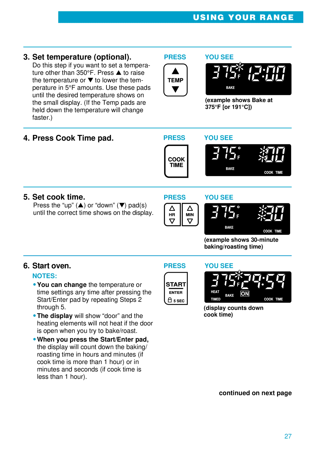 Whirlpool RS610PXE warranty Press Cook Time pad, Set cook time, On next 