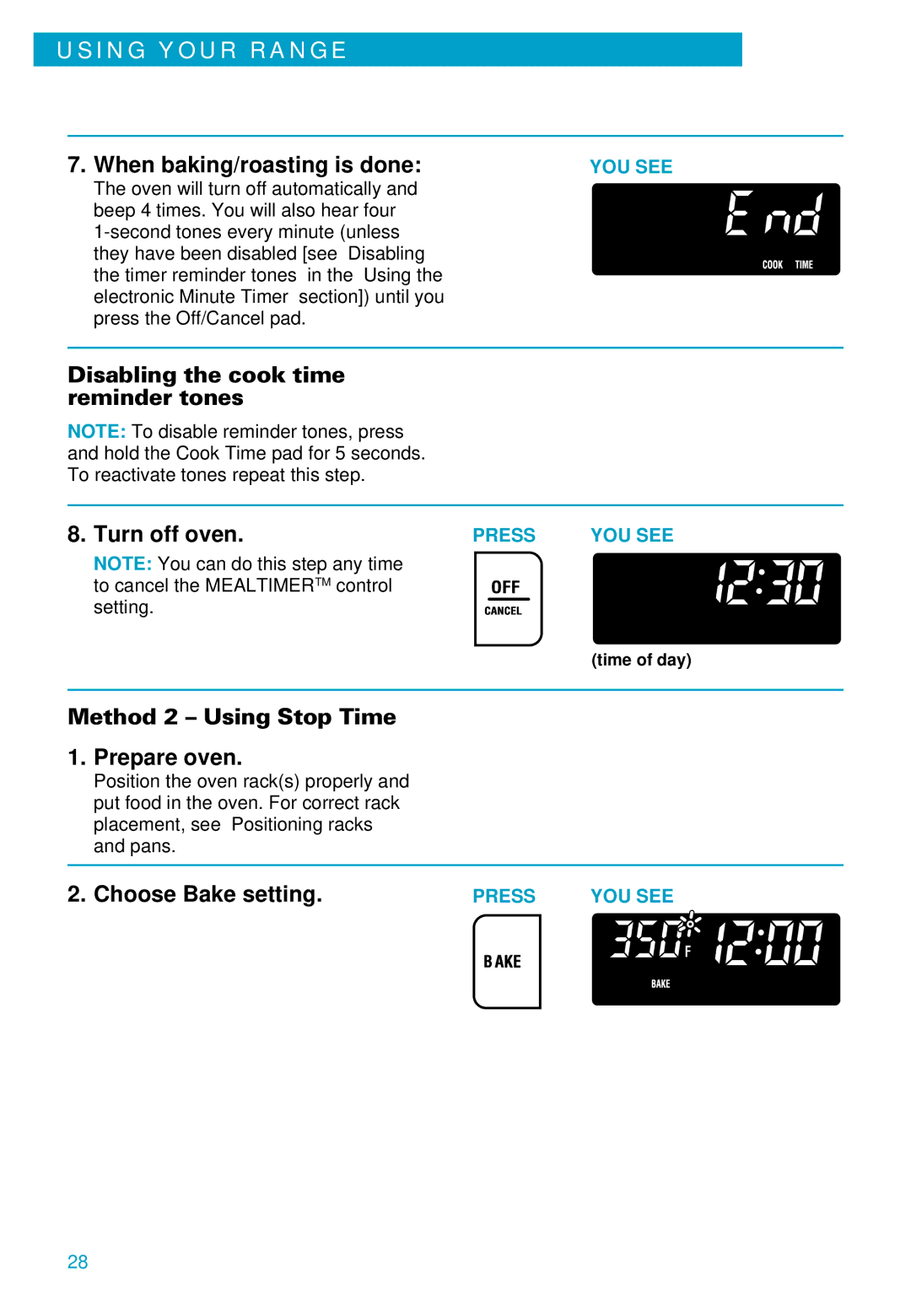 Whirlpool RS610PXE warranty When baking/roasting is done, Disabling the cook time reminder tones Turn off oven 