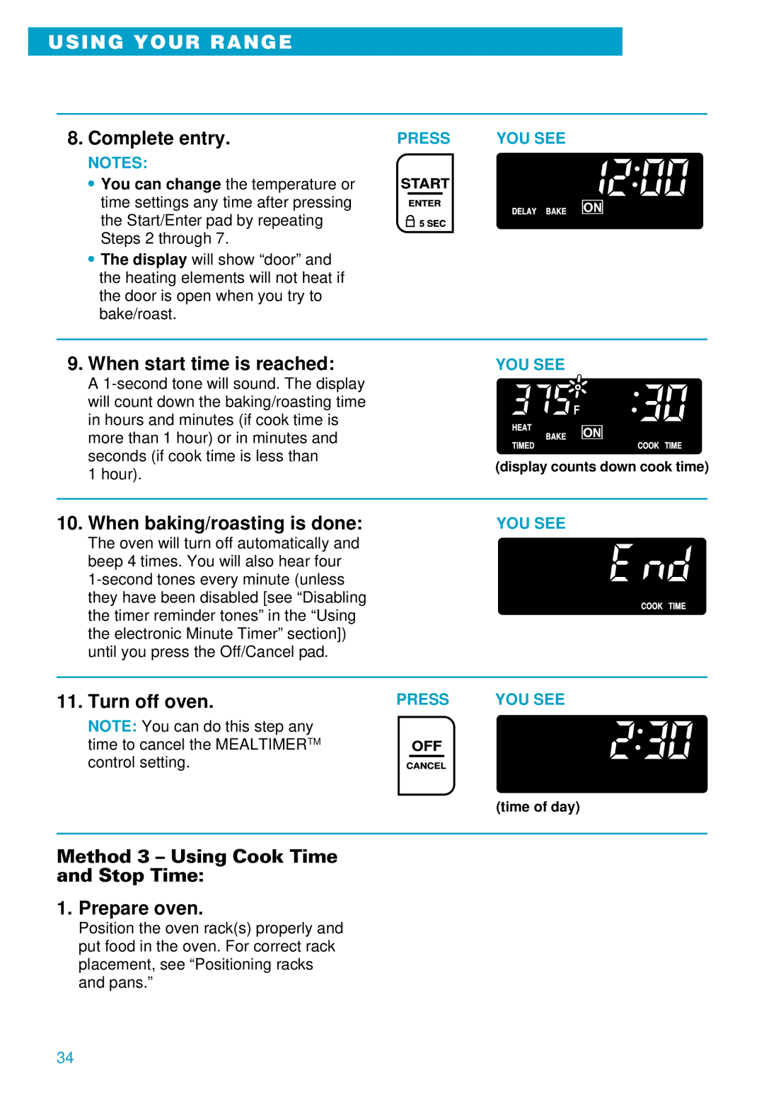 Whirlpool RS610PXE warranty Method 3 Using Cook Time Stop Time Prepare oven, Hour 