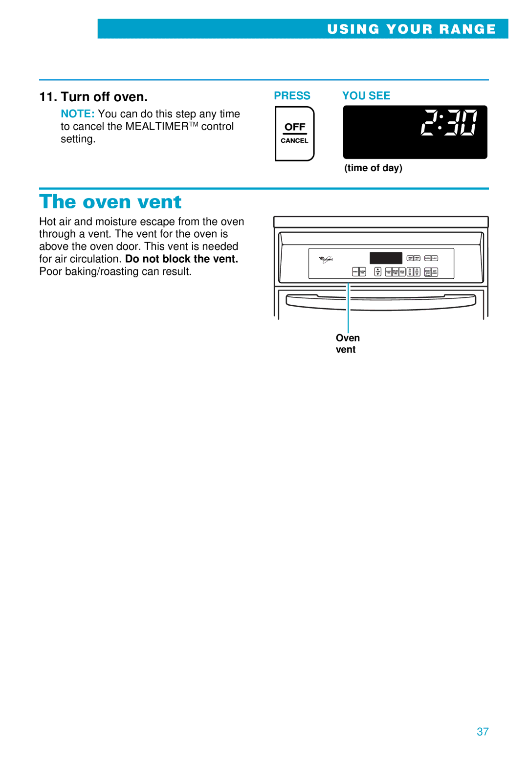 Whirlpool RS610PXE warranty Oven vent, Turn off oven 