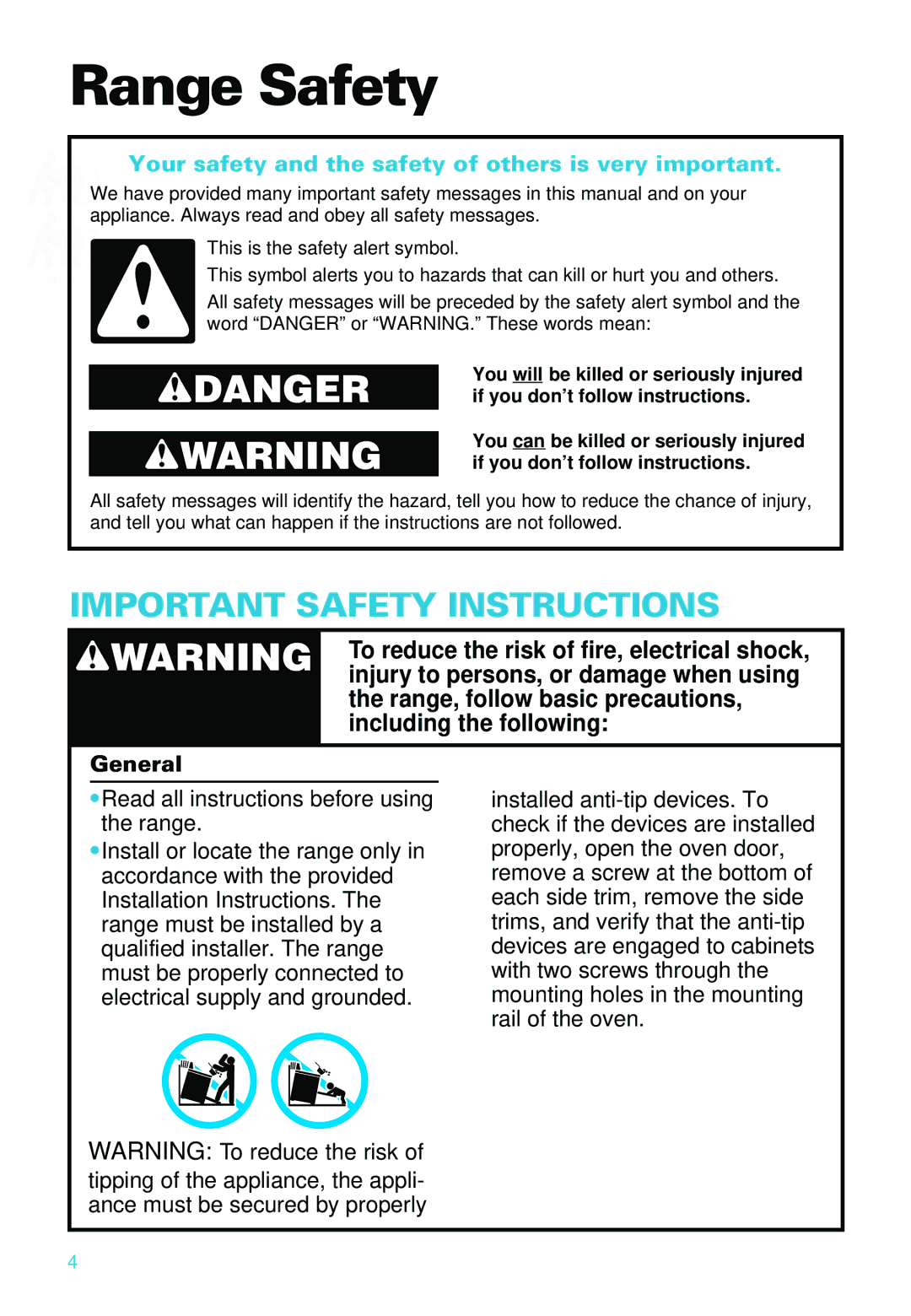 Whirlpool RS610PXE warranty Range Safety, General 