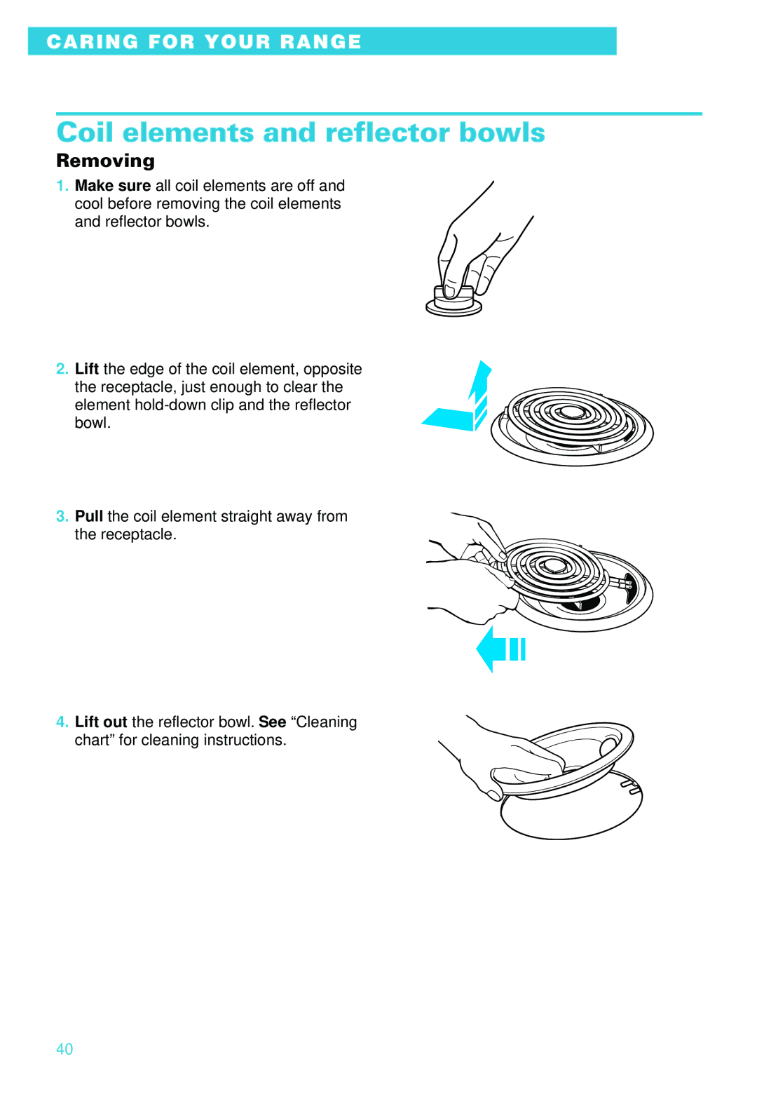 Whirlpool RS610PXE warranty Coil elements and reflector bowls, Removing 