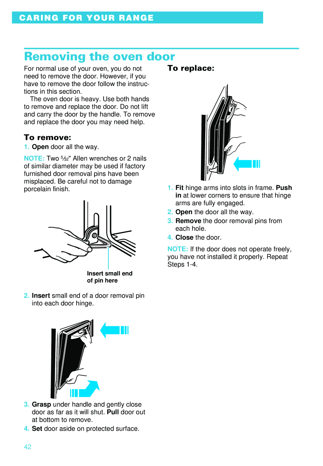 Whirlpool RS610PXE warranty Removing the oven door, To remove, To replace 