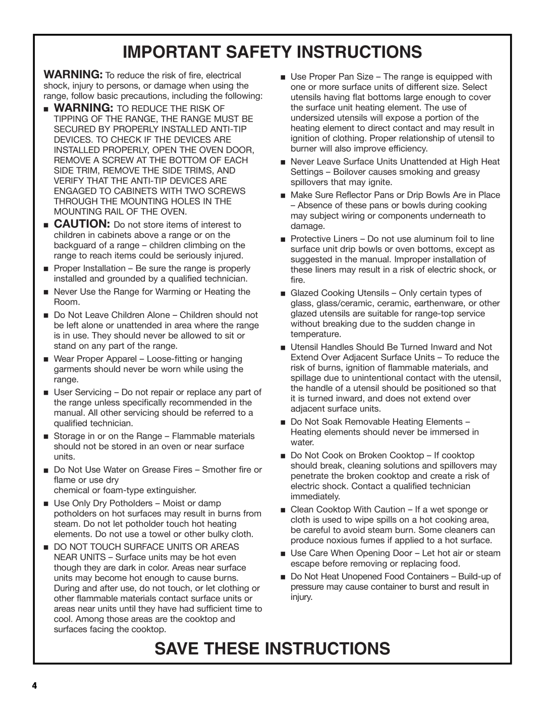 Whirlpool RS610PXG manual Important Safety Instructions, Save These Instructions 