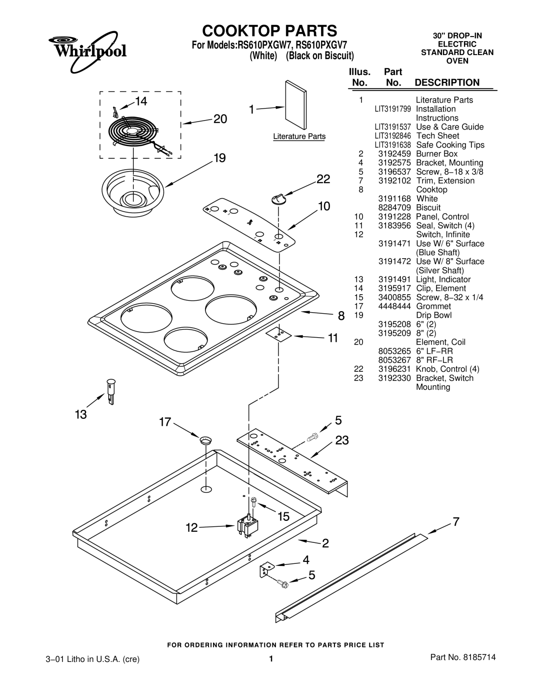 Whirlpool RS610PXGW7, RS610PXGV7 installation instructions Cooktop Parts, Description 