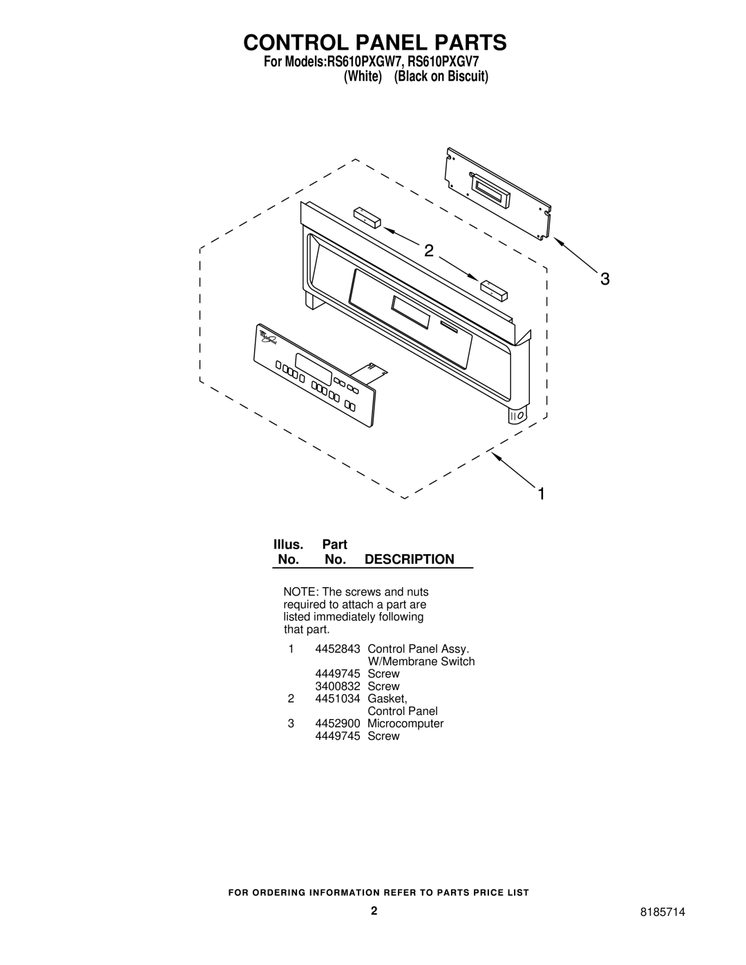 Whirlpool RS610PXGV7, RS610PXGW7 installation instructions Control Panel Parts 