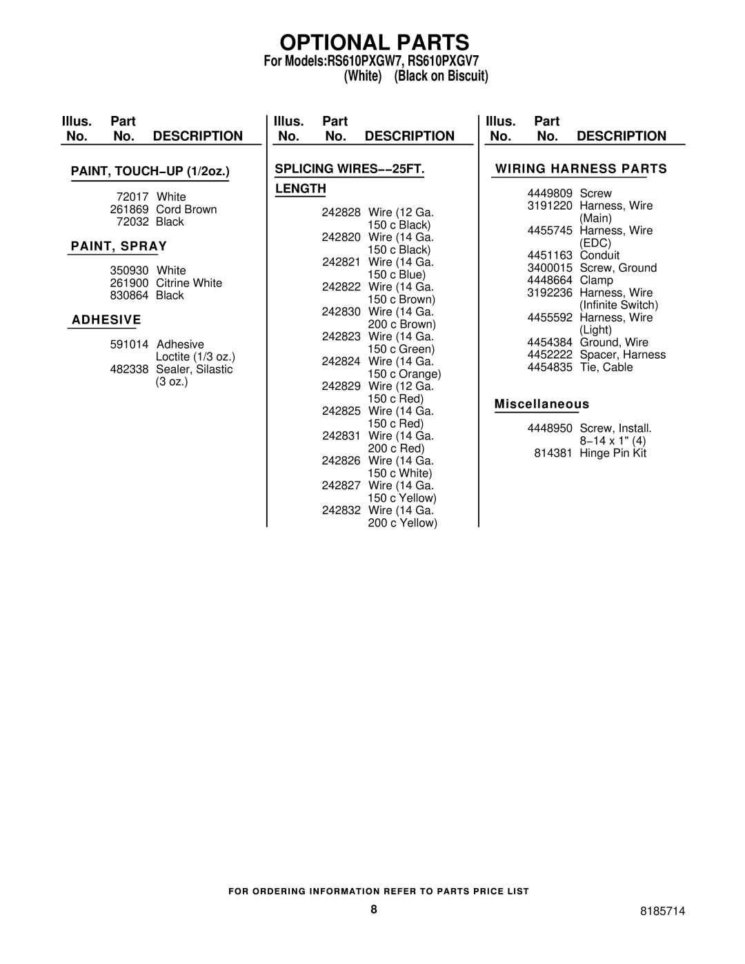 Whirlpool RS610PXGV7, RS610PXGW7 Optional Parts, PAINT, Spray, Adhesive, Splicing WIRES−−25FT Length, Wiring Harness Parts 