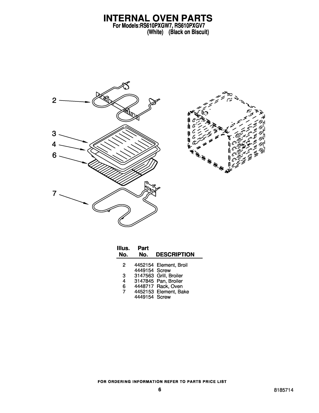 Whirlpool RS610PXGV7 Internal Oven Parts, Illus. Part No. No. DESCRIPTION, Element, Broil 4449154 Screw, 8185714 