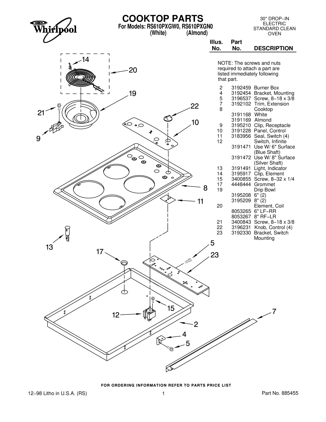 Whirlpool RS610PXGN0, RS610PXGW0 manual Cooktop Parts, White Almond 