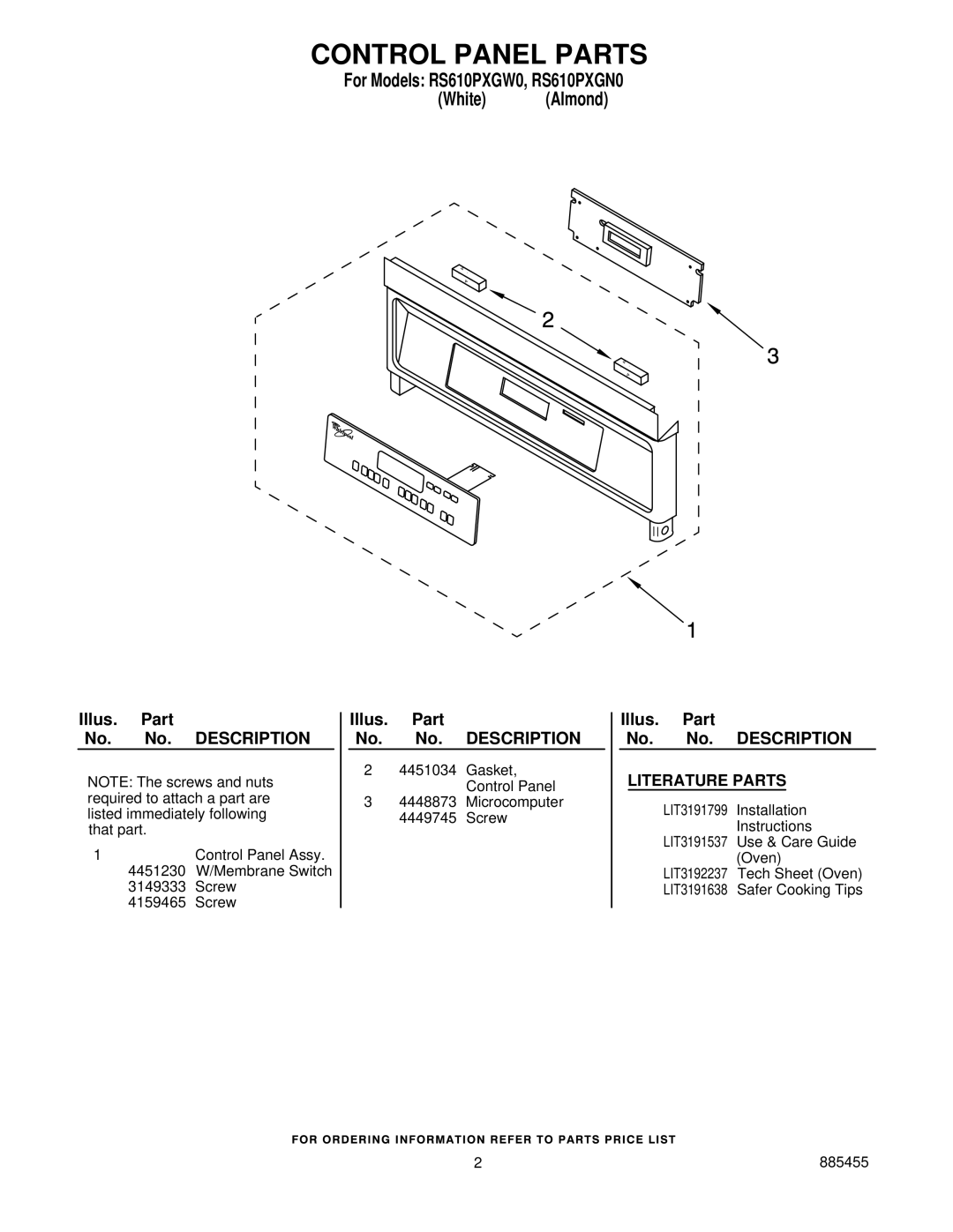 Whirlpool manual Control Panel Parts, For Models RS610PXGW0, RS610PXGN0 White Almond, Literature Parts 