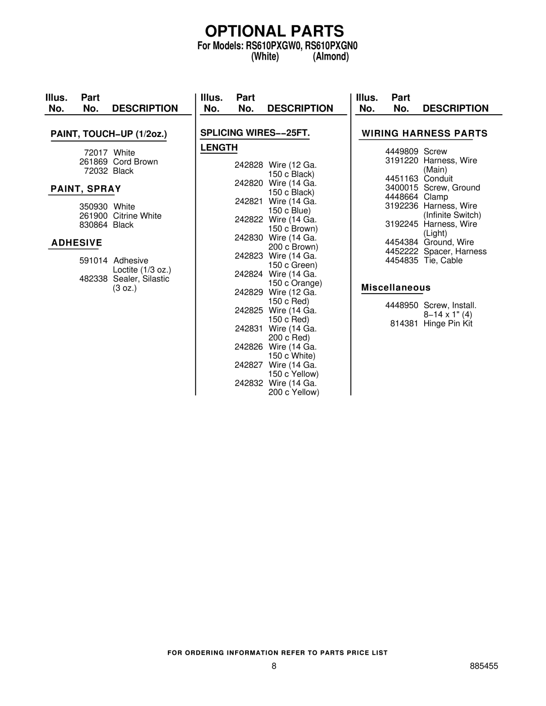 Whirlpool RS610PXGW0, RS610PXGN0 Optional Parts, PAINT, Spray, Adhesive, Splicing WIRES−−25FT Length, Wiring Harness Parts 