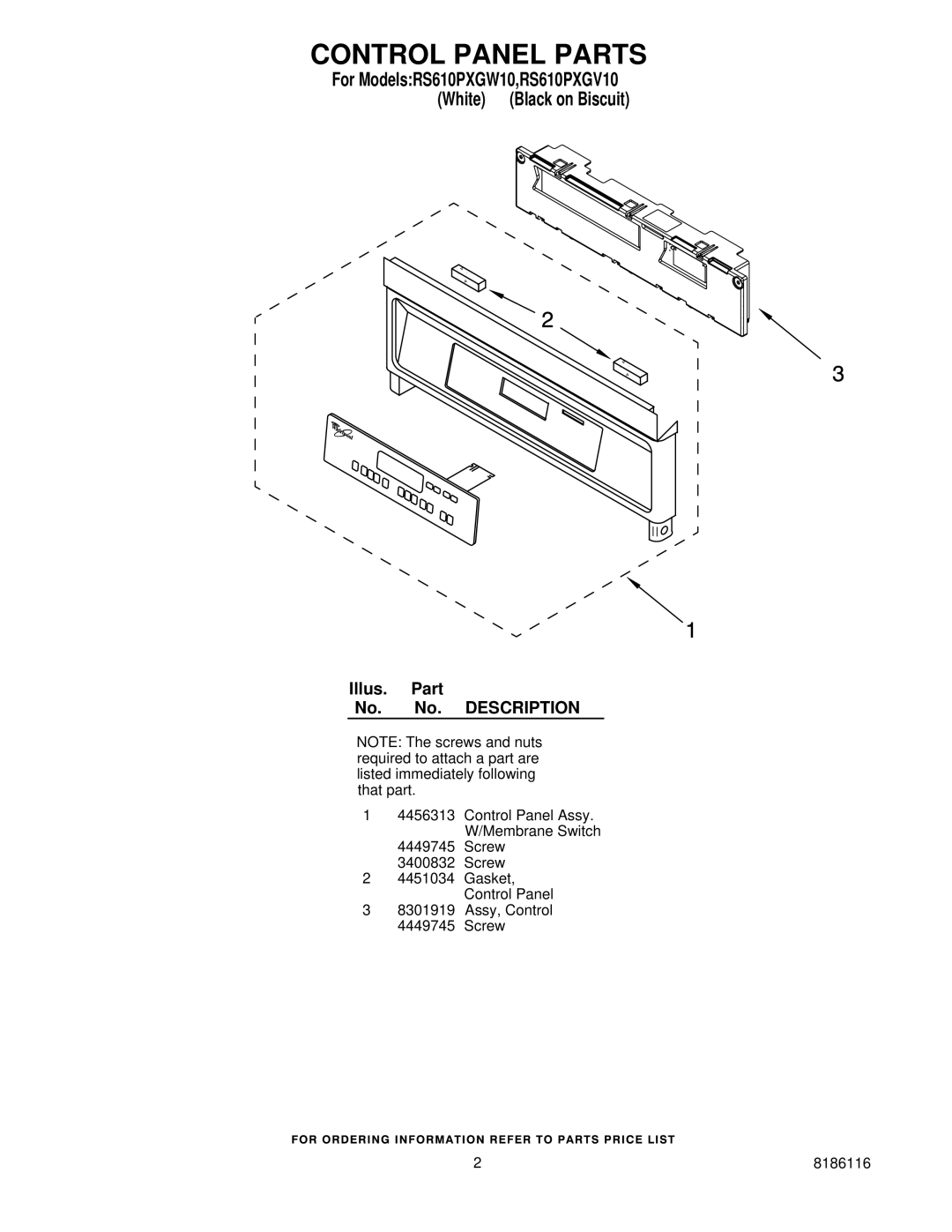 Whirlpool RS610PXGW10, RS610PXGV10 installation instructions Control Panel Parts, Illus. Part No. No. Description 