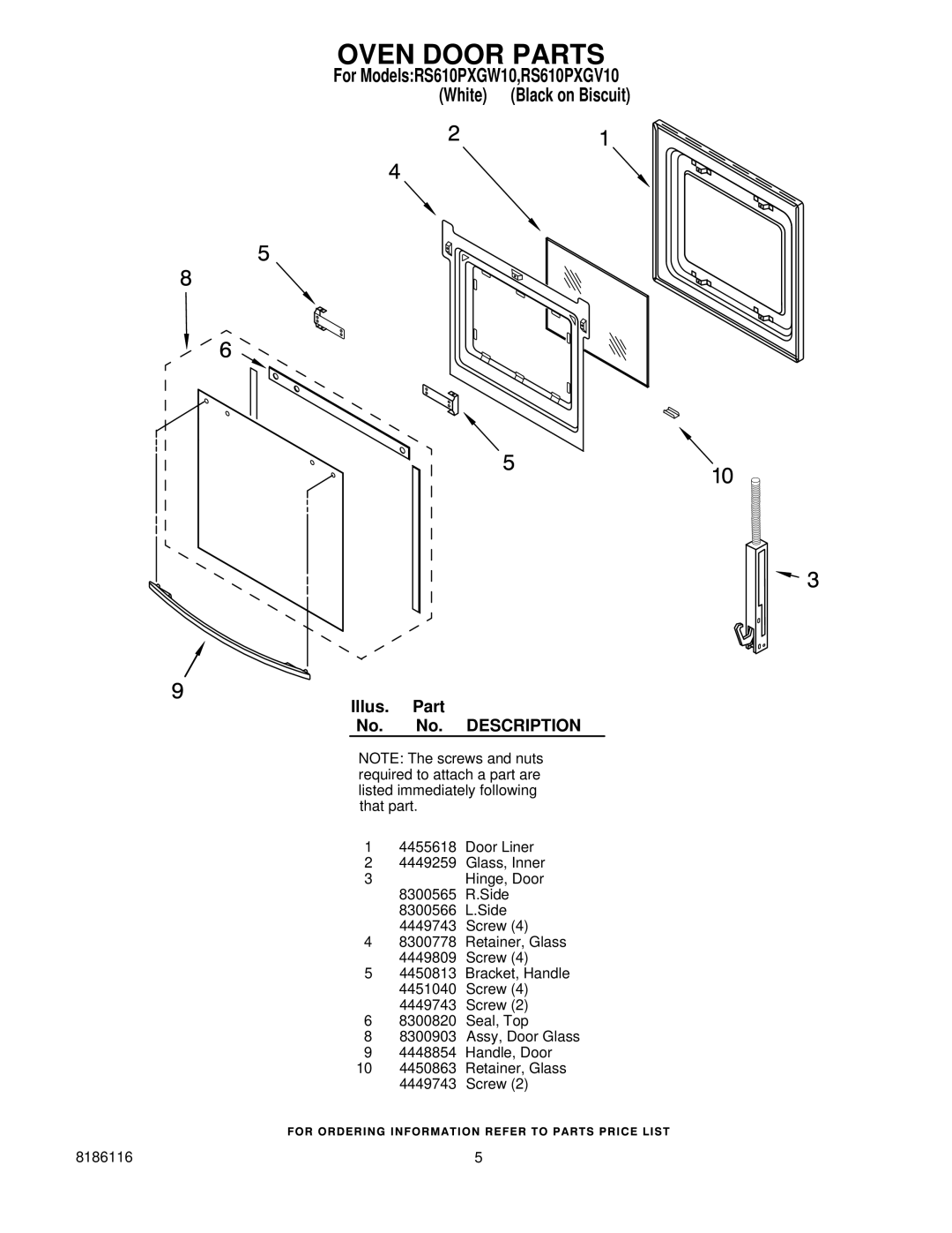 Whirlpool RS610PXGV10, RS610PXGW10 installation instructions Oven Door Parts 